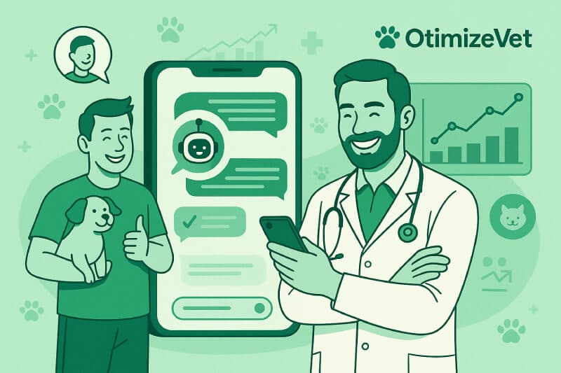 Veterinário atendendo cliente com suporte digital, representando os benefícios do atendimento automatizado com IA na OtimizeVet